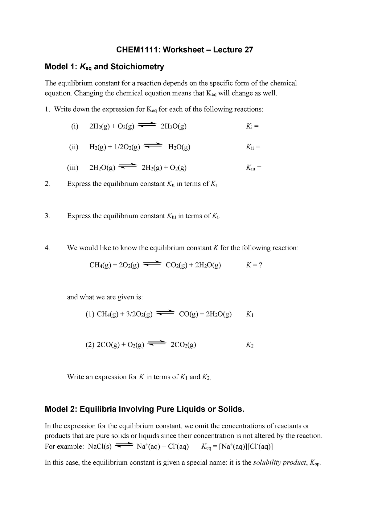 Worksheet 27 - CHEM1111: Worksheet – Lecture 27 Model 1: K eq and ...