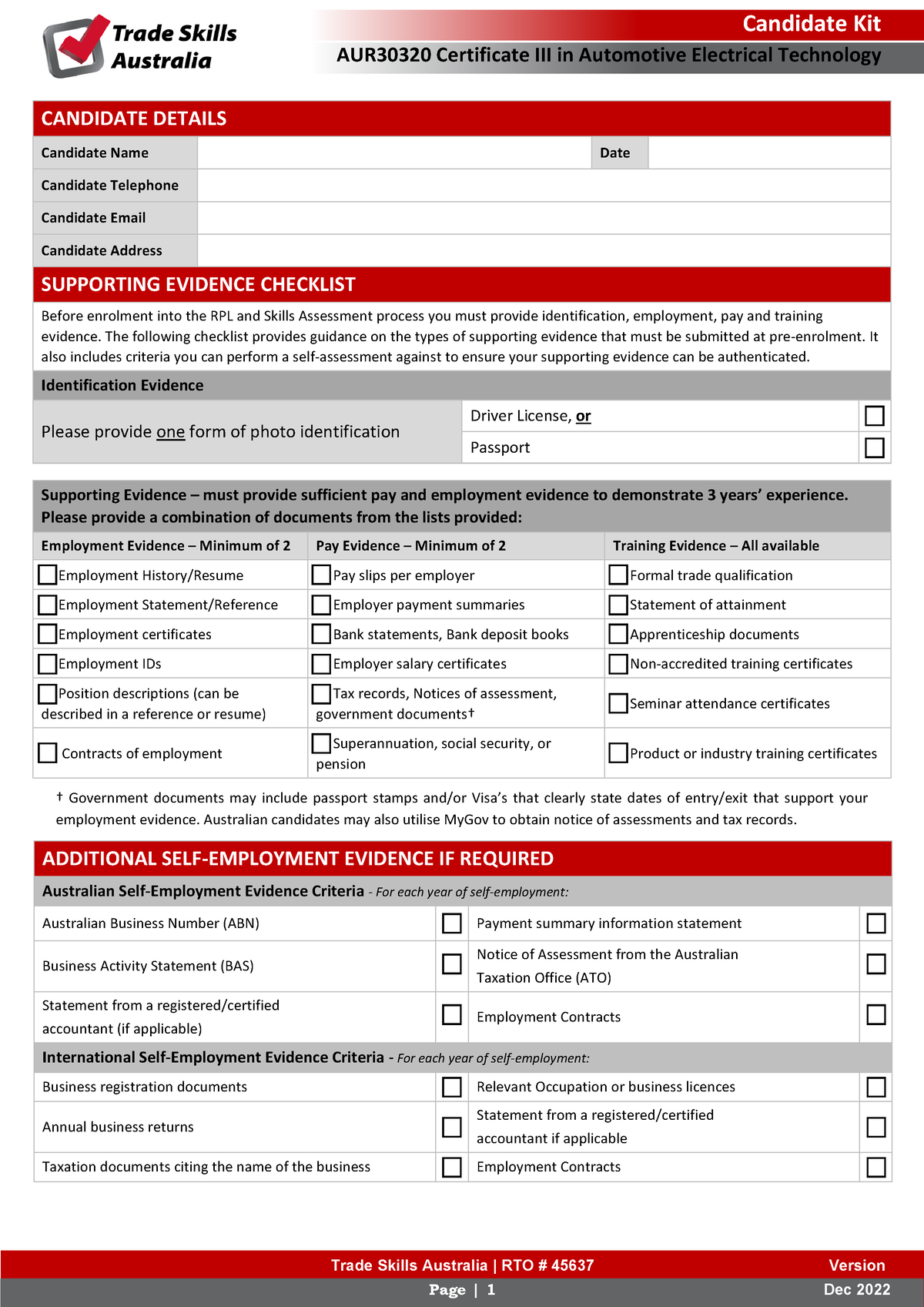 AUR30320 AET Candidate Kit - Trade Skills Australia | RTO # 45637 ...