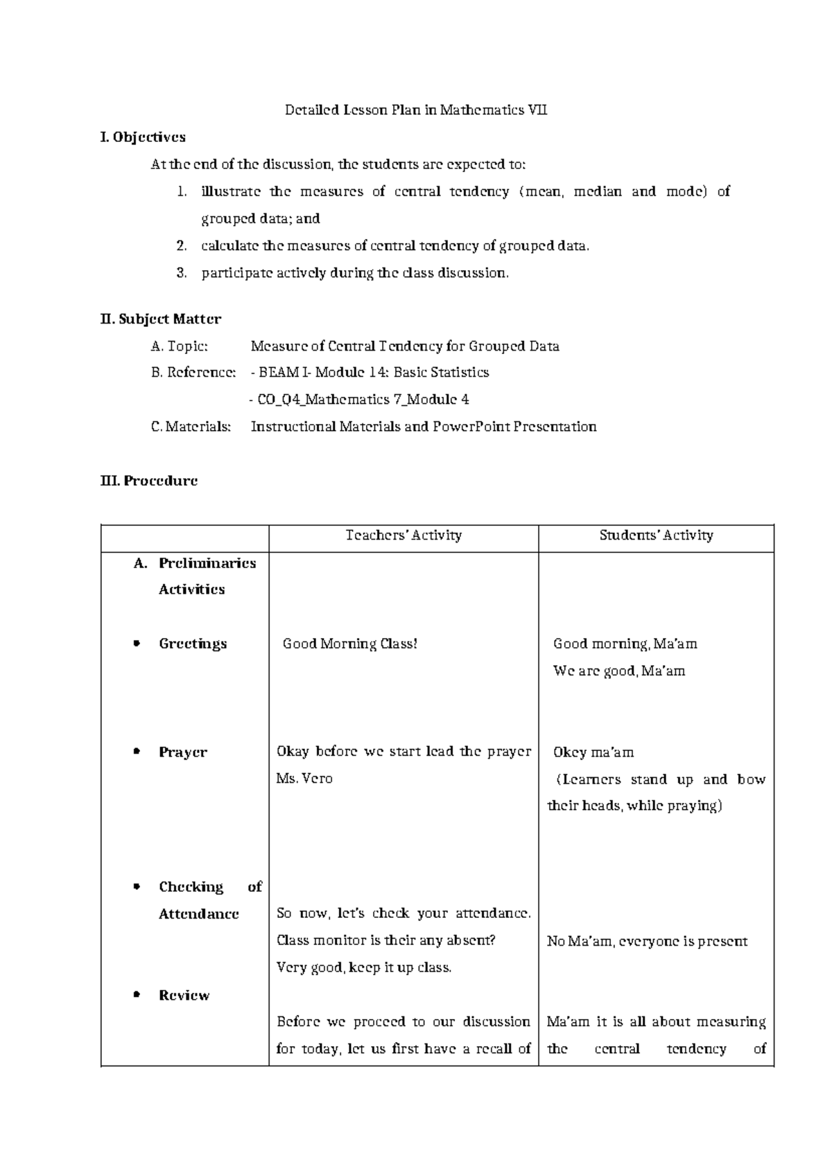 Lesson PLAN ( Detailed) 7 - Detailed Lesson Plan in Mathematics VII I ...