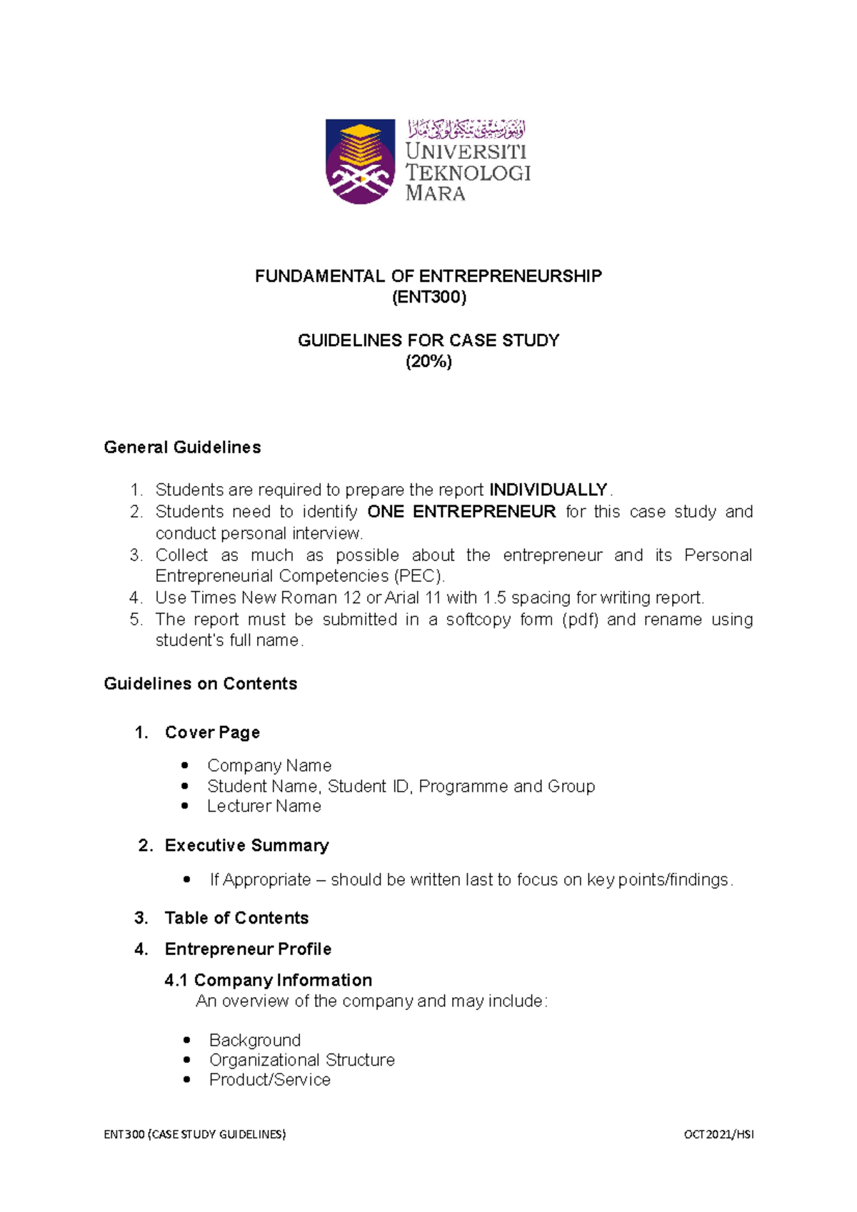 Assignment 1-CASE Study Guidelines - FUNDAMENTAL OF ENTREPRENEURSHIP ...