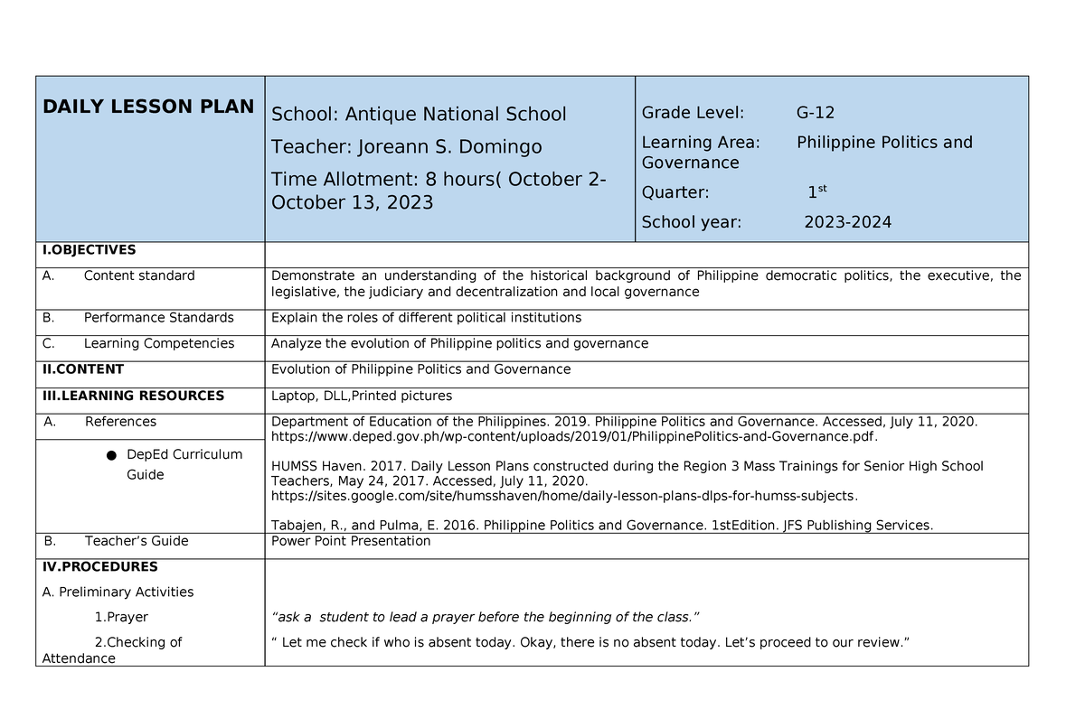 CO DLP - It's a lesson plan for PPG - DAILY LESSON PLAN School: Antique ...