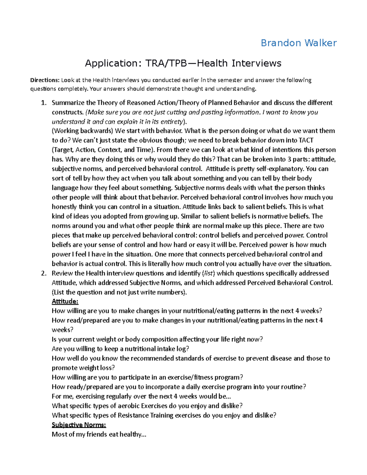 Health Interview Application - Brandon Walker Application: TRA/TPB ...