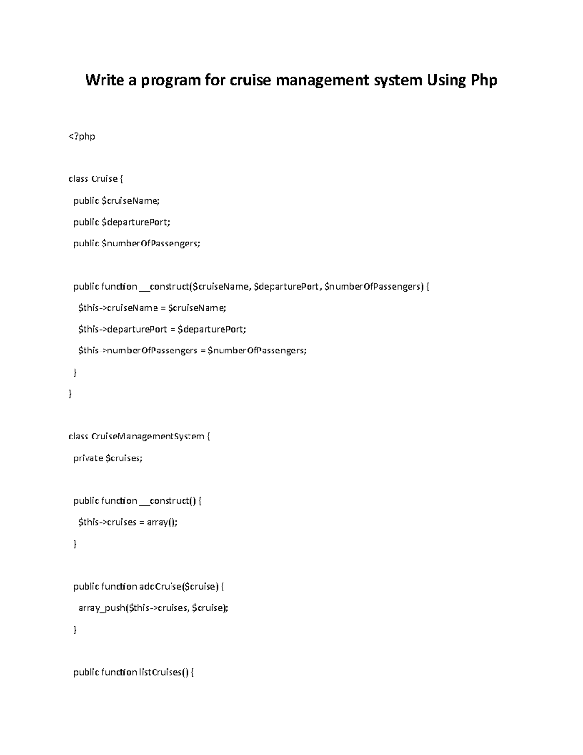 Using Php - Write a program for cruise management system Using Php This ...