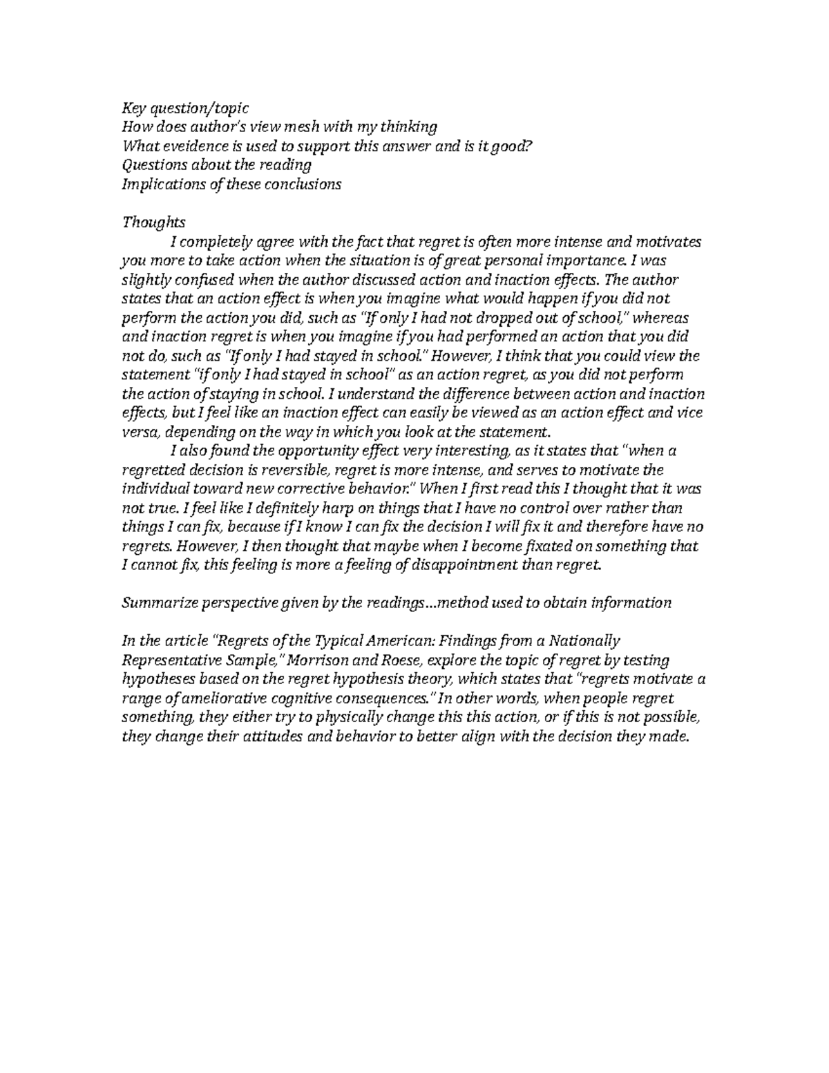 Psychology of Regret reaction paper 1 - Key question/topic How does ...
