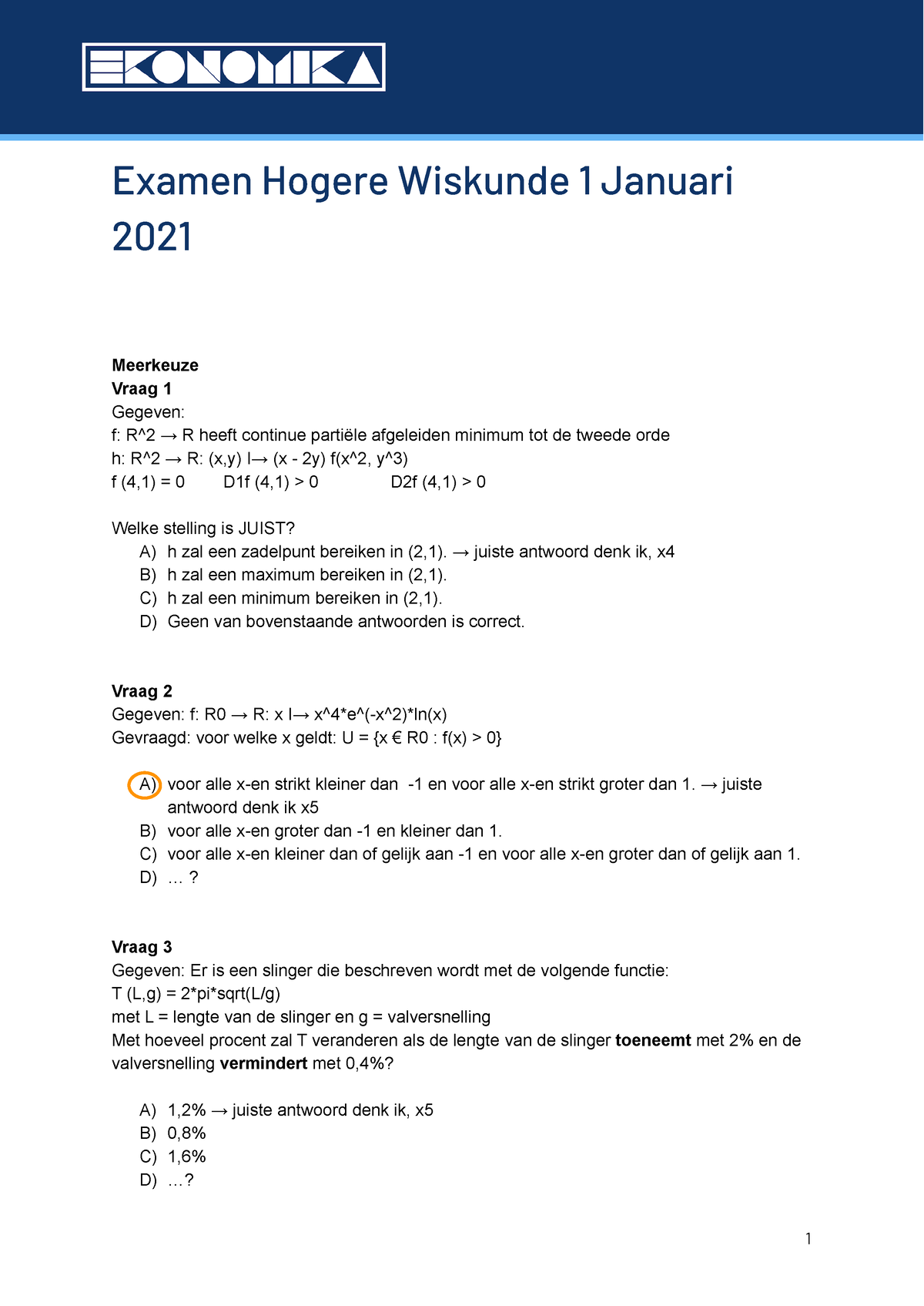 Examen Hogere Wiskunde I Januari 2021 - Examen Hogere Wiskunde 1 ...