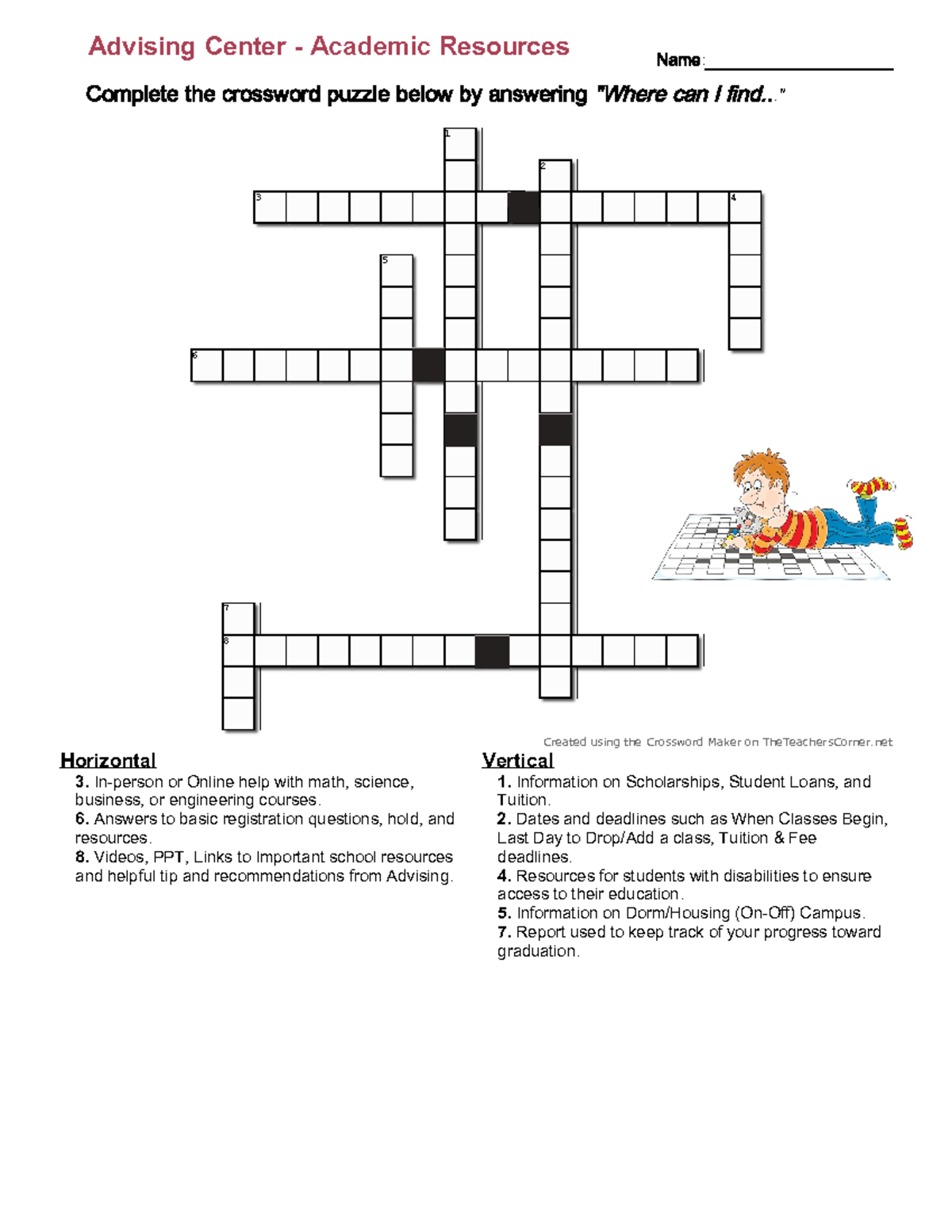 Advising Center Crosswords Puzzle - Vertical 1. Information on ...