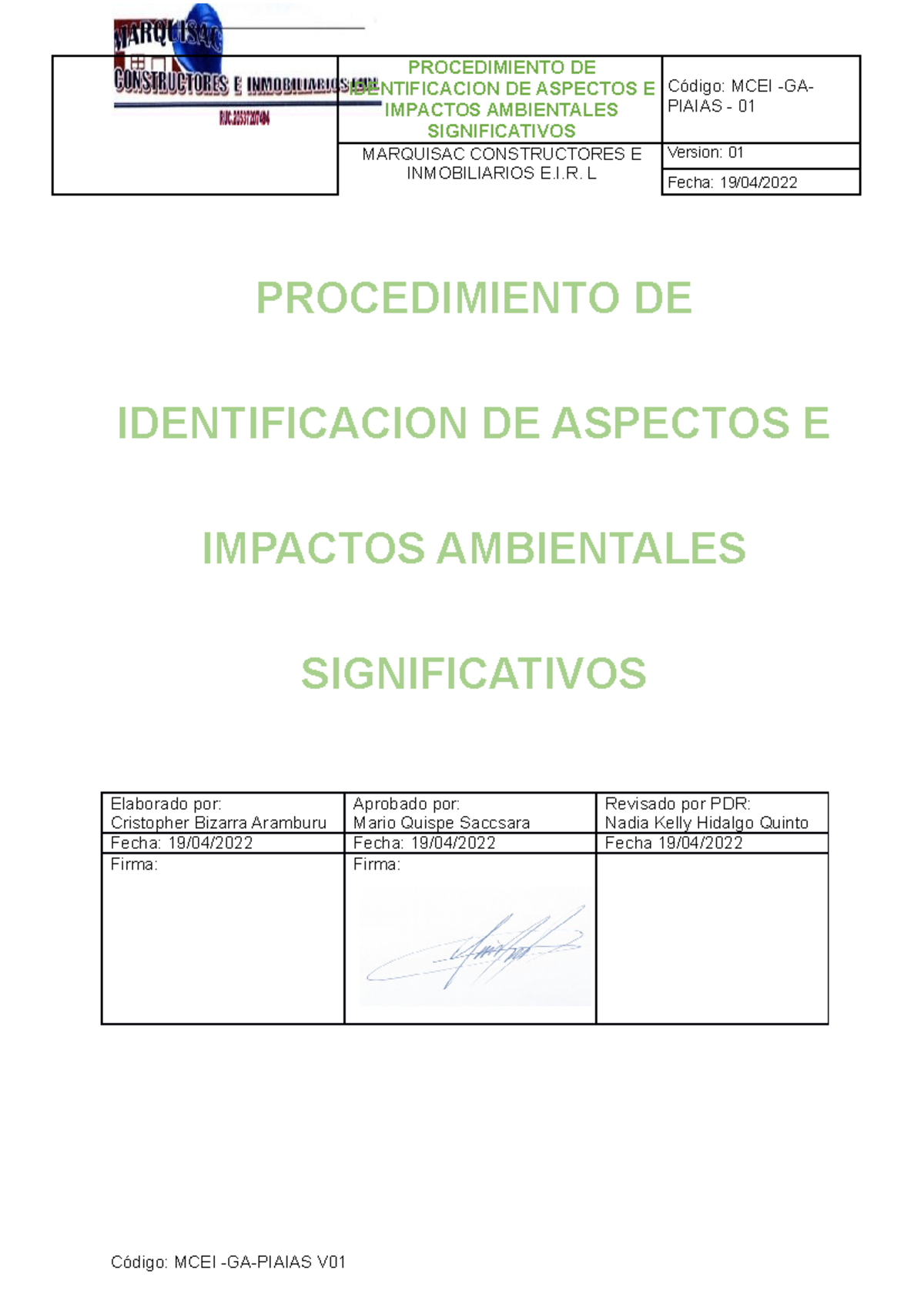 Procedimiento DE Identificación DE Aspectos E Impactos Ambientales ...