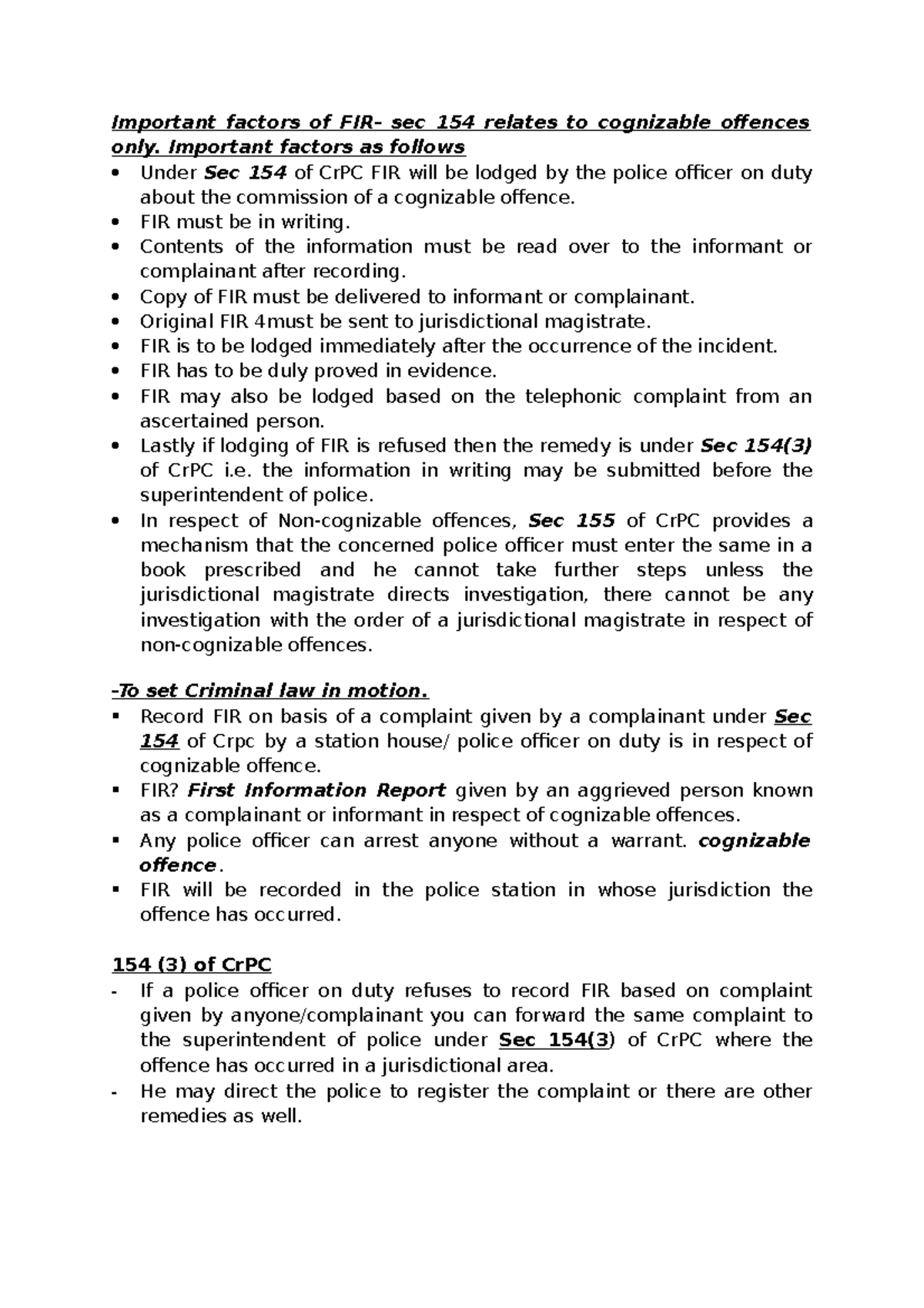 Important factors of FIR Important factors as follows Under Sec 154