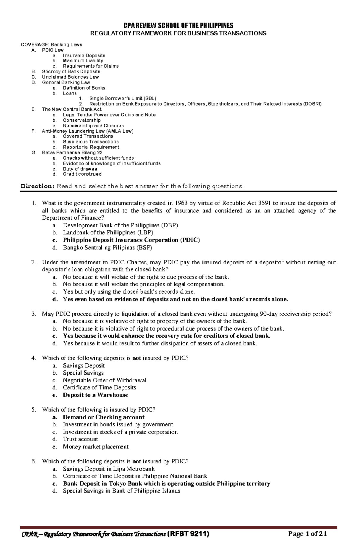 BL - Banking LAWS Answer Keys - CPA REVIEW SCHOOL OF THE PHILIPPINES ...