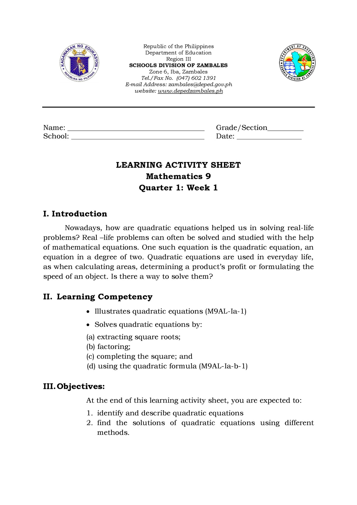 G9 W1 Math For Printing - modules - Republic of the Philippines ...