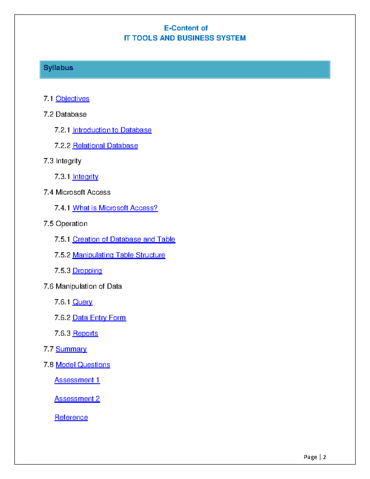 Database for It program - IT TOOLS AND BUSINESS SYSTEM Syllabus 7 ...