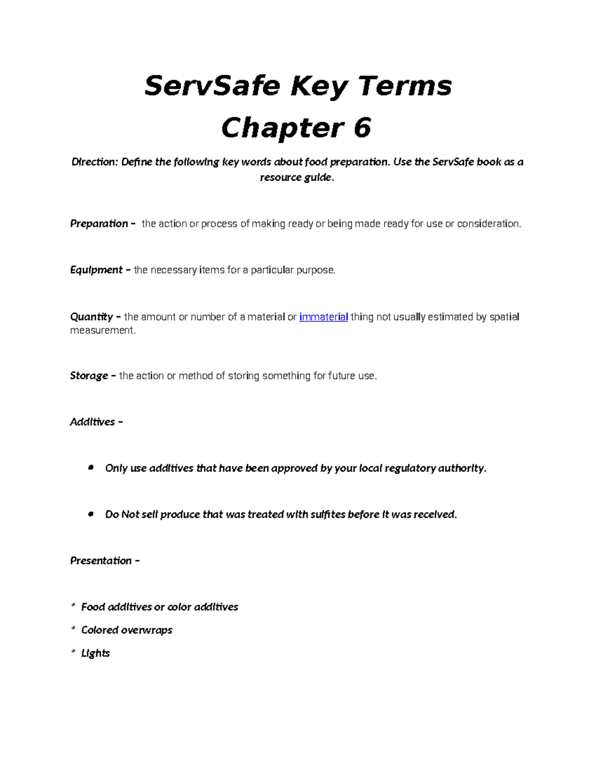 Servsafe Key Terms 6 Culinary ServSafe Key Terms Chapter 6