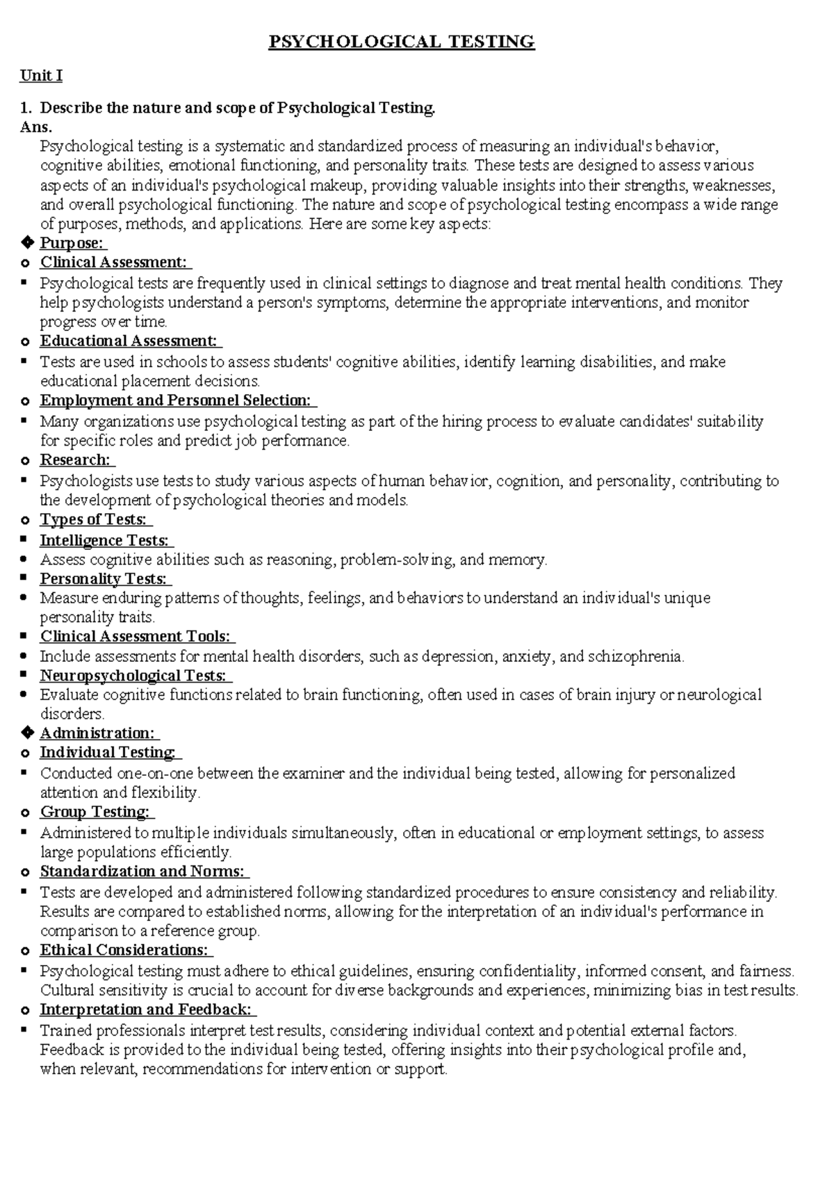 Psychological Testing QB & Ans - PSYCHOLOGICAL TESTING Unit I Describe ...