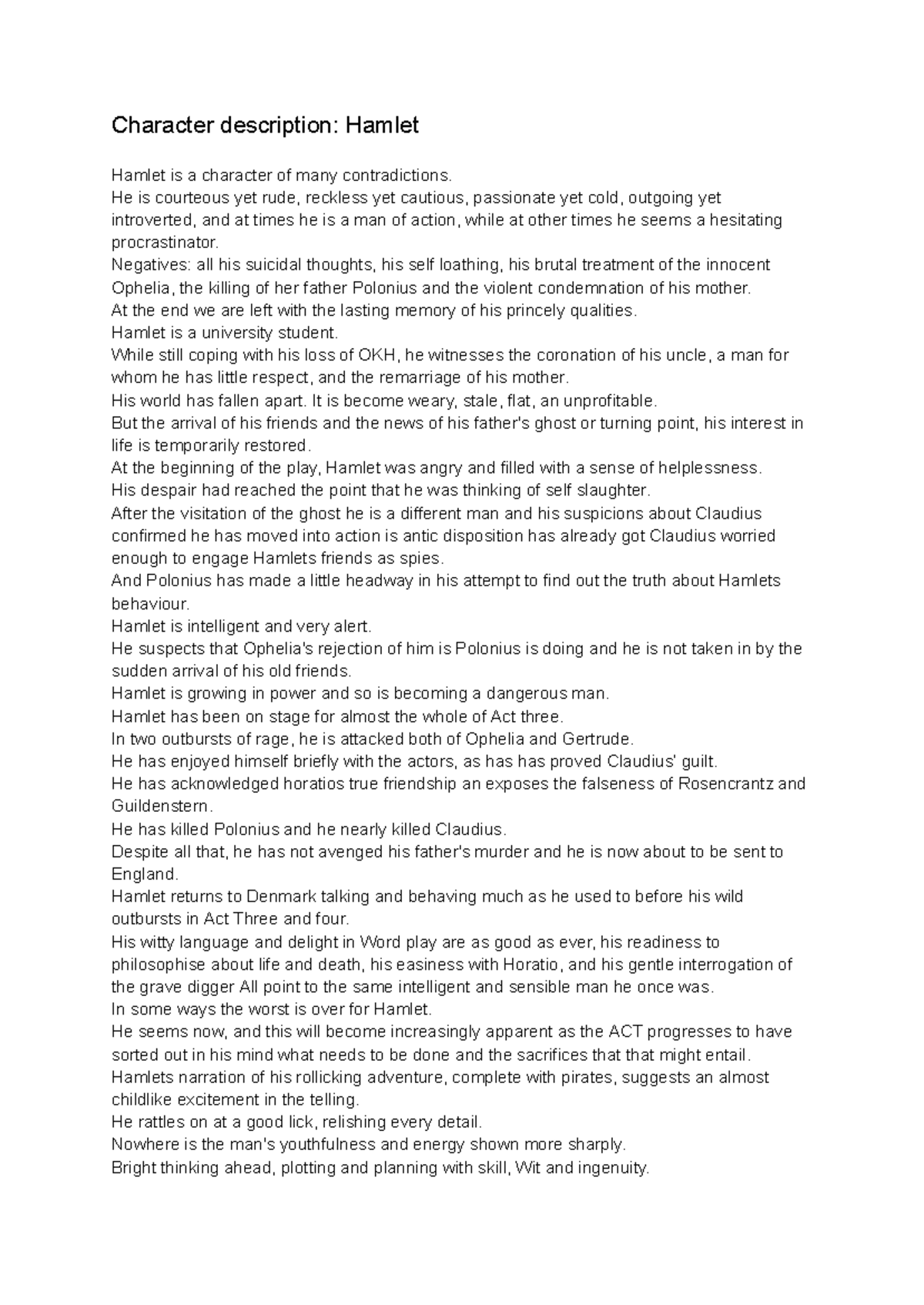 Hamlet Character descriptions - Character description: Hamlet Hamlet is ...