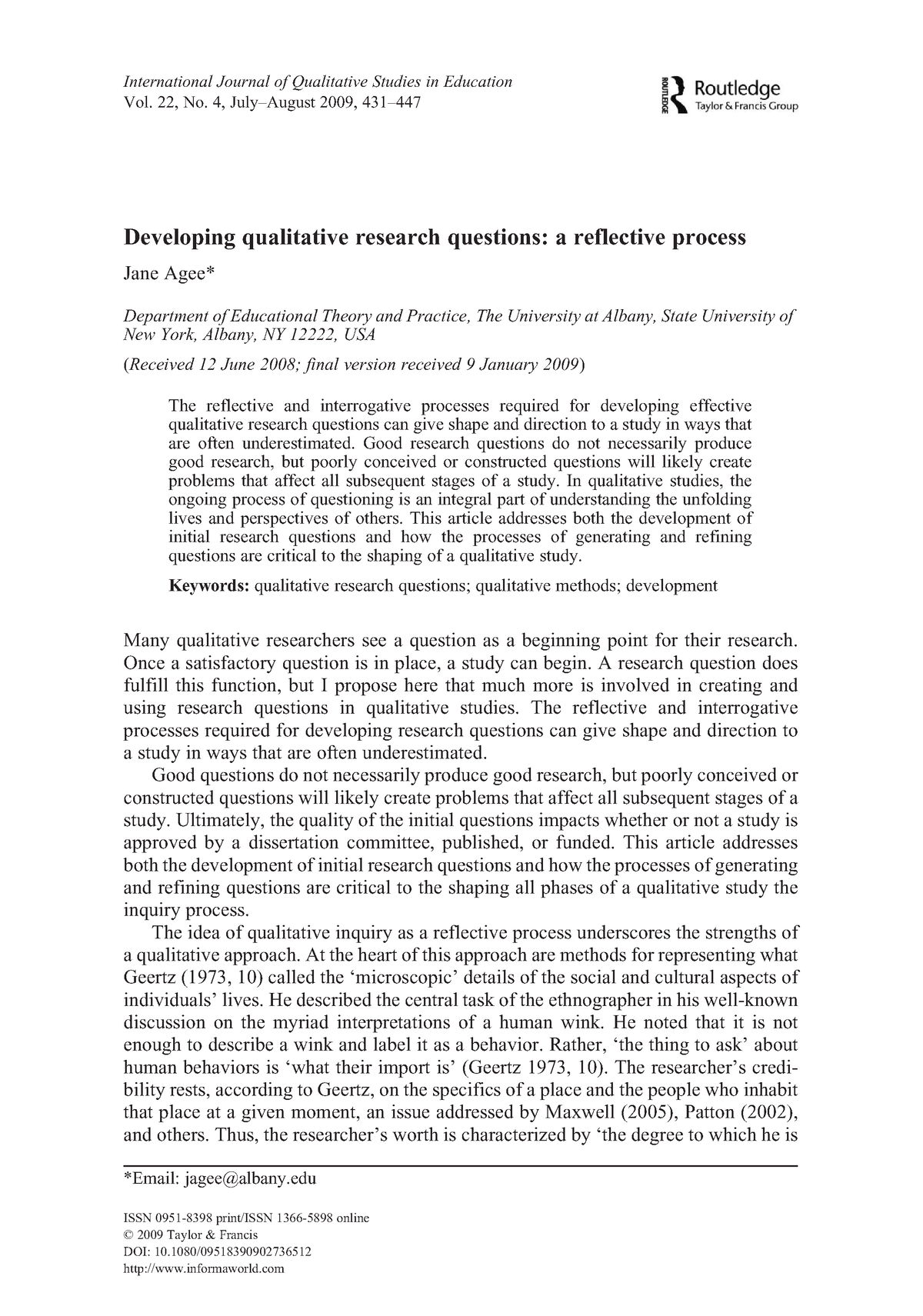 agee 2009 developing qualitative research questions