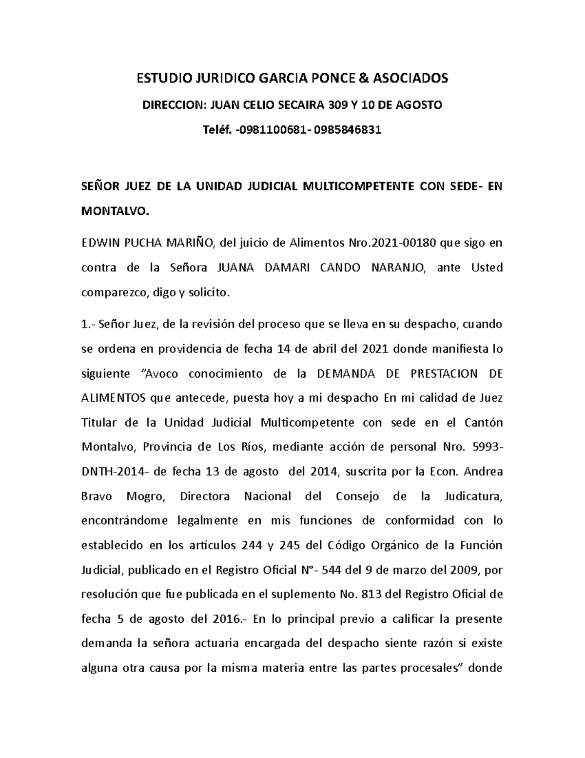 Demanda Alimentos Edwin Pucha Mariño - ESTUDIO JURIDICO GARCIA PONCE ...