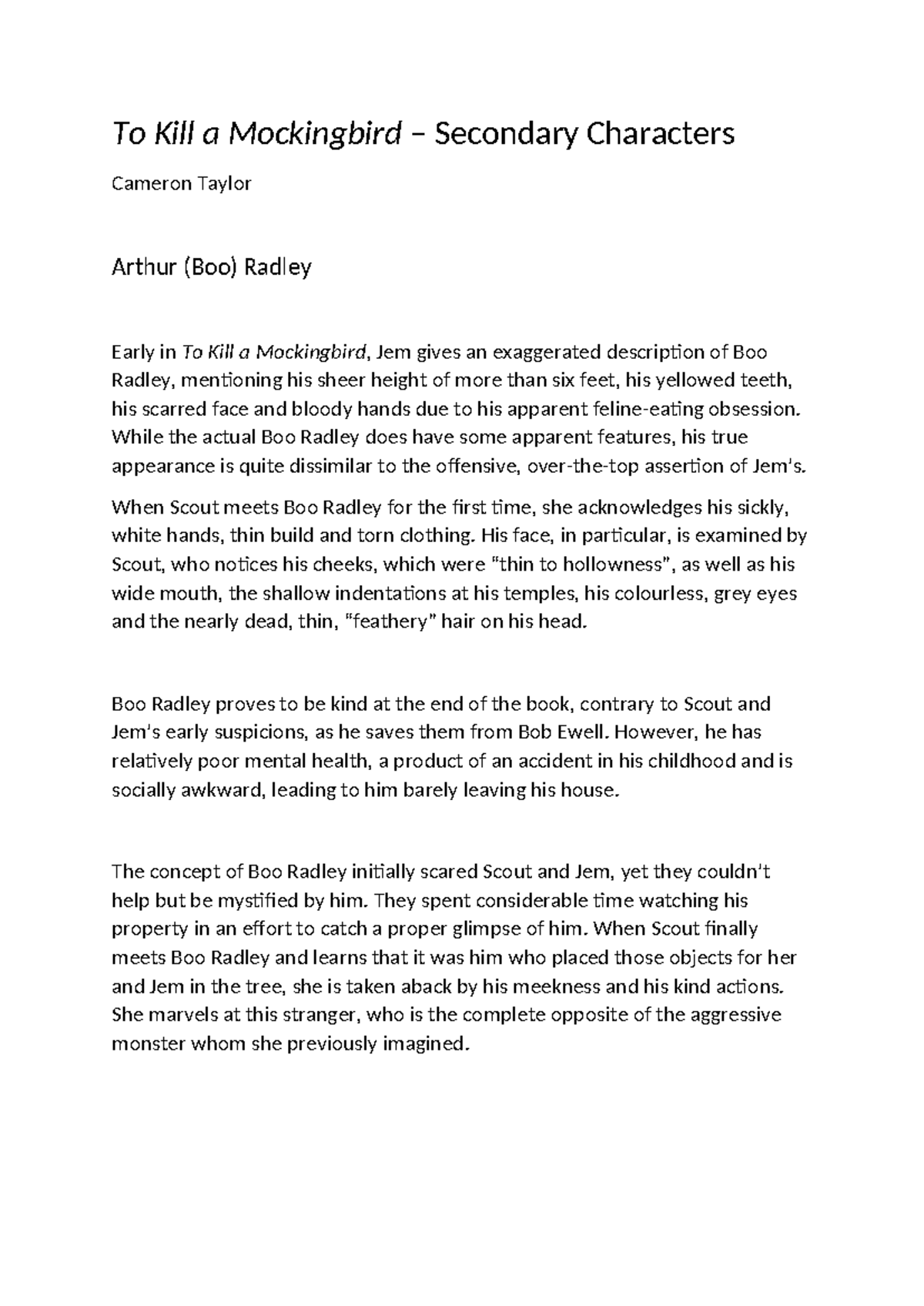 TKAM - Secondary Characters Characterisation - To Kill a Mockingbird