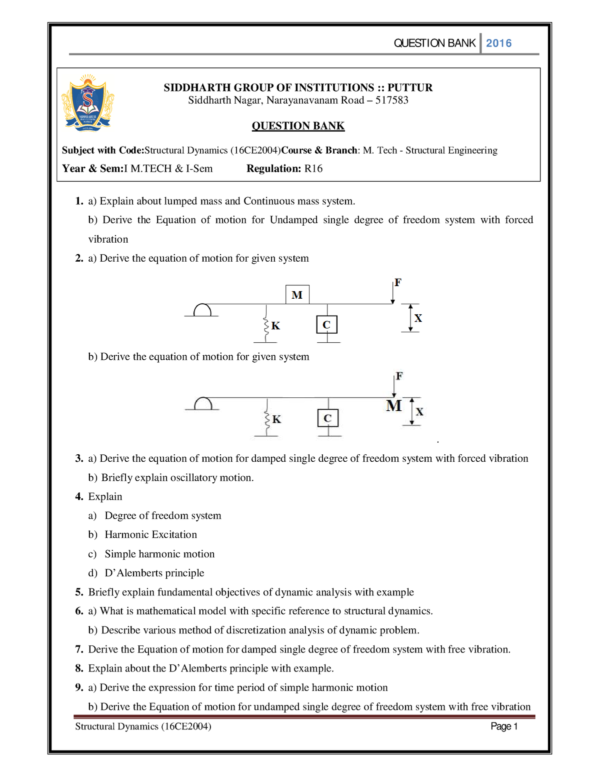 16CE2004 Structural Dynamics - SIDDHARTH GROUP OF INSTITUTIONS ...