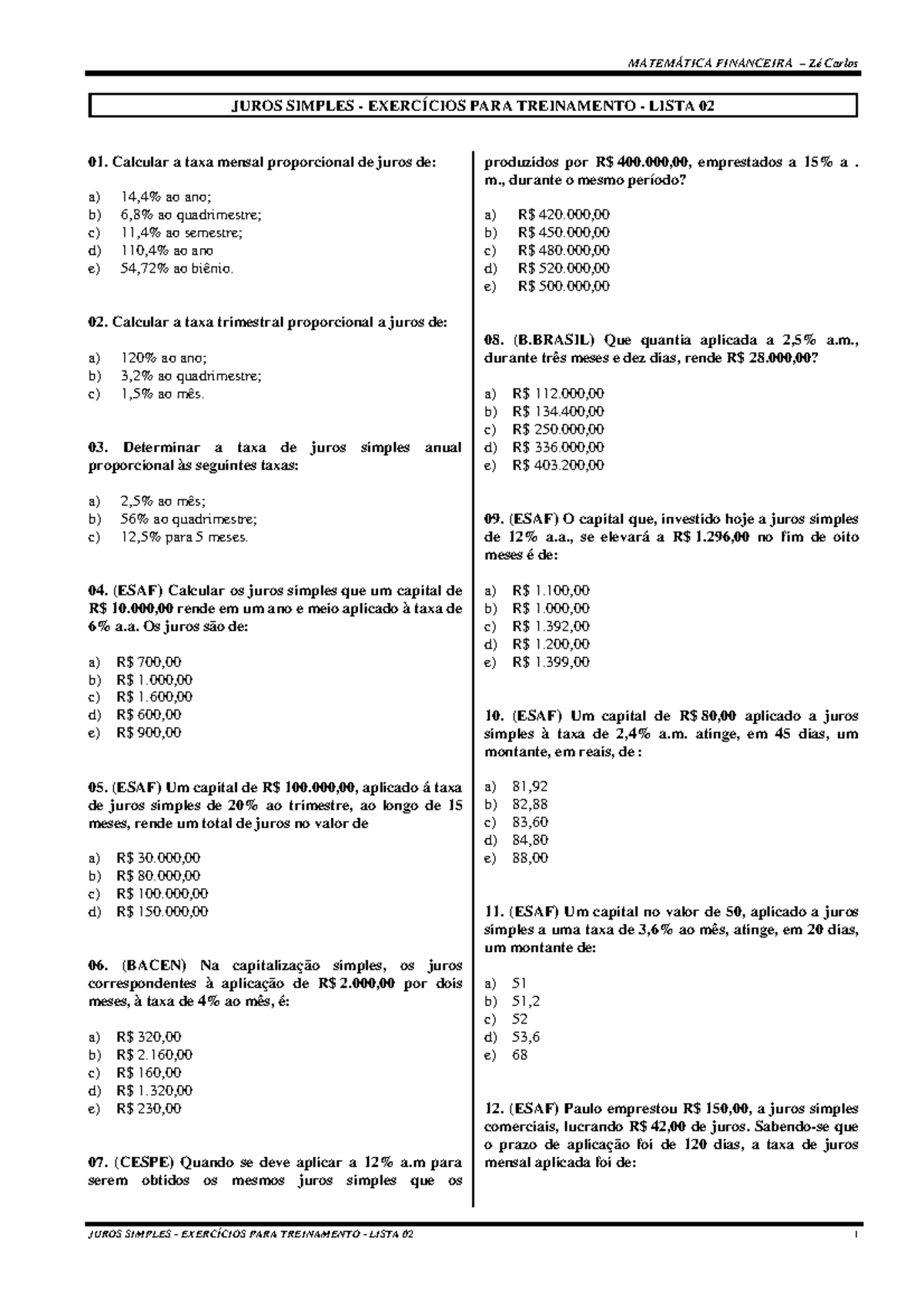 Diversos-Exercicios Juros Simples - JUROS SIMPLES - EXERCÍCIOS PARA ...