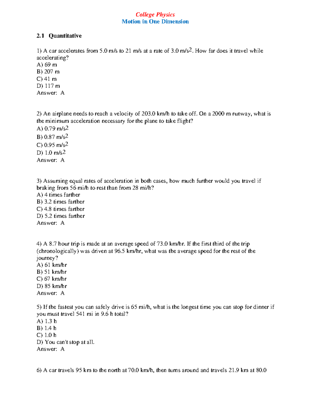 College Physics Motion in One Dimension - College Physics Motion in One ...