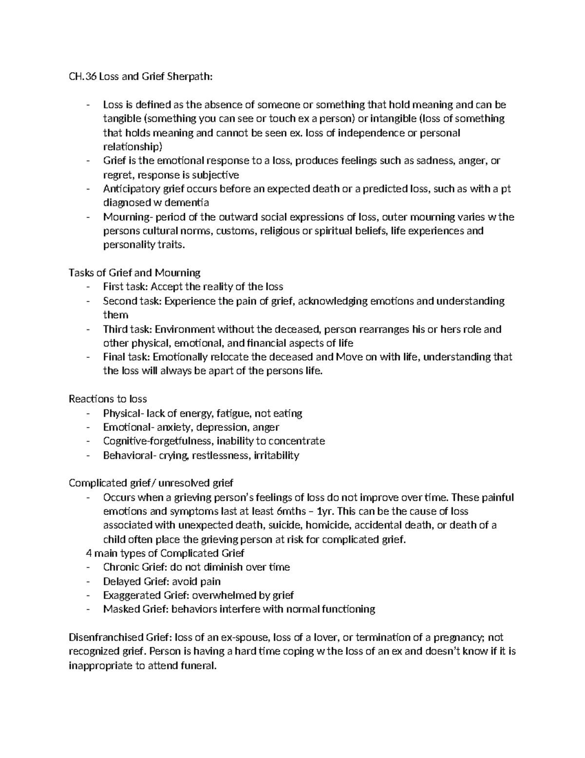 CH. 36 Sherpath Notes - CH Loss and Grief Sherpath: - Loss is defined ...