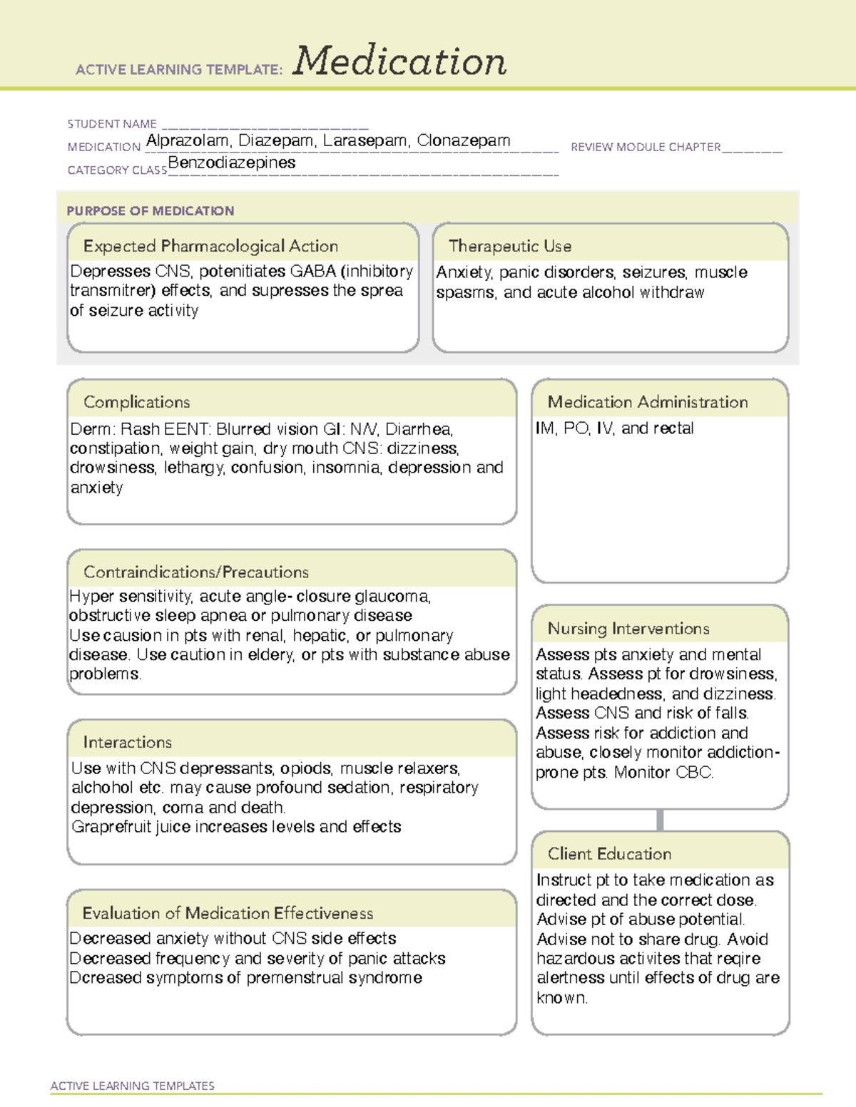 Benzodiazepines Template ACTIVE LEARNING TEMPLATES Medication STUDENT