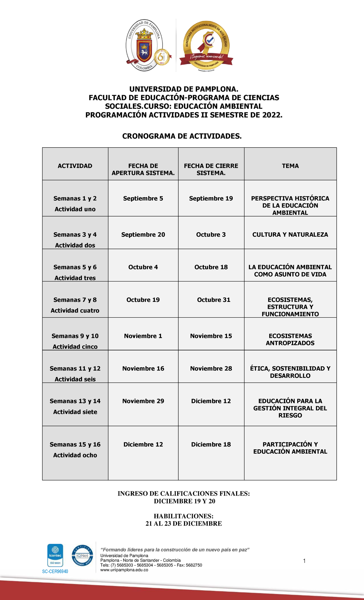 Cronograma De Actividades Educación Ambiental - SC-CER Universidad De ...