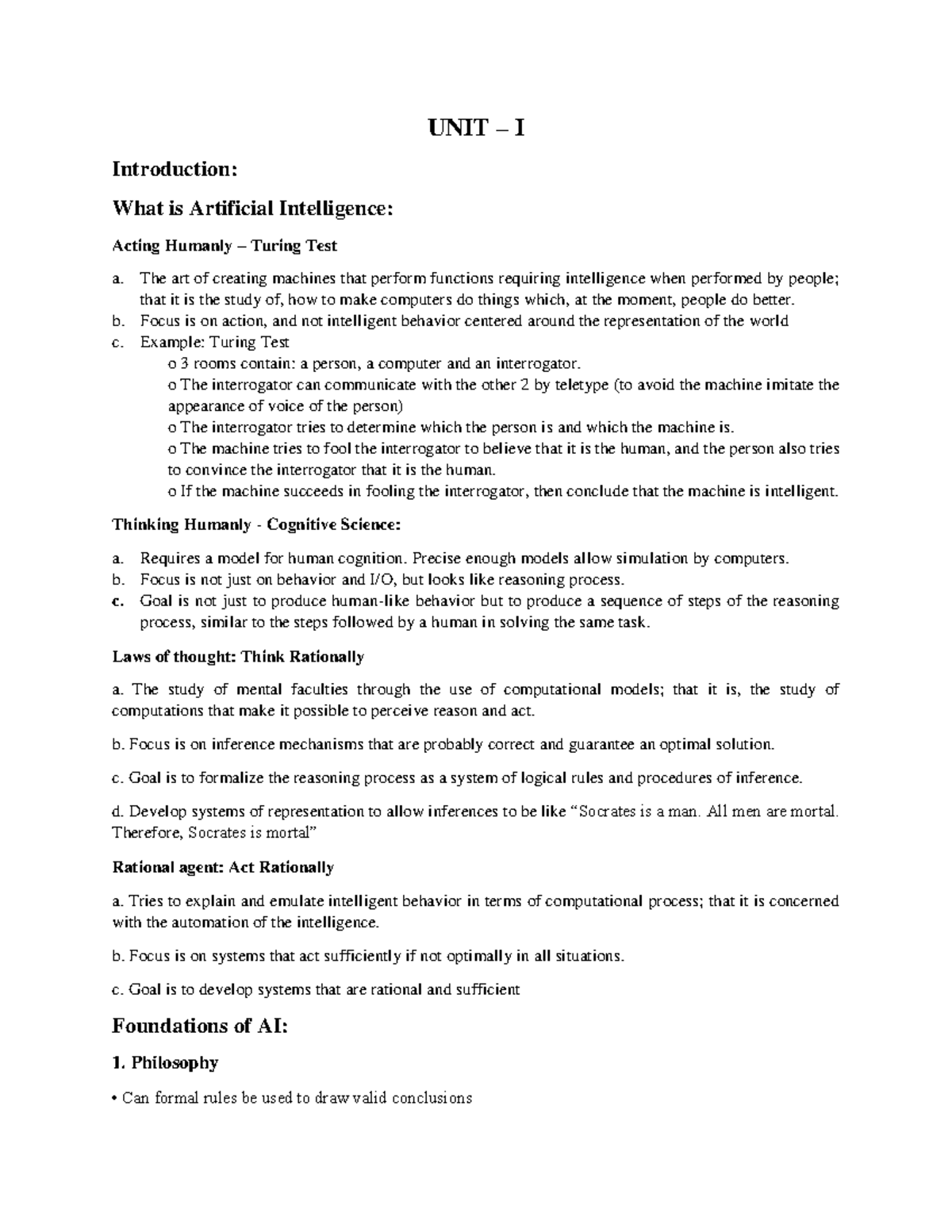 AI Introduction Lecture Notes - UNIT – I Introduction: What is ...