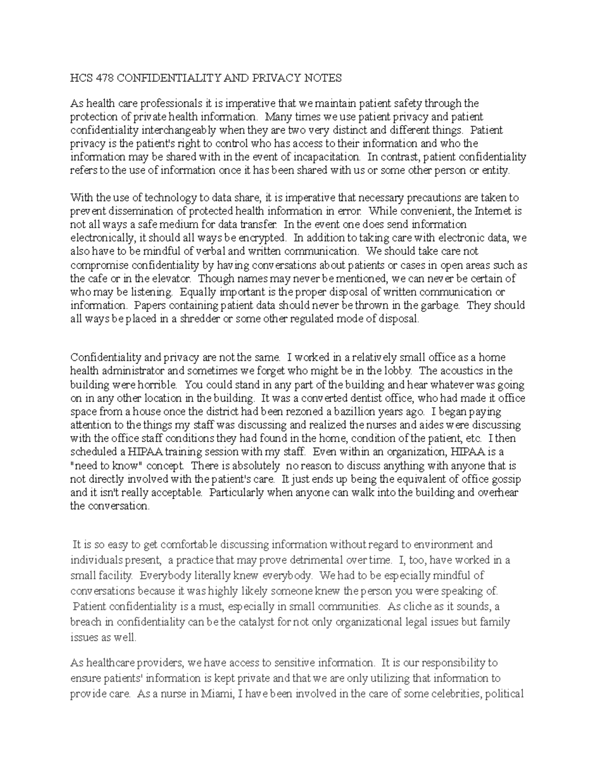HCS 478 Confidentiality AND Privacy Notes - HCS 478 CONFIDENTIALITY AND ...
