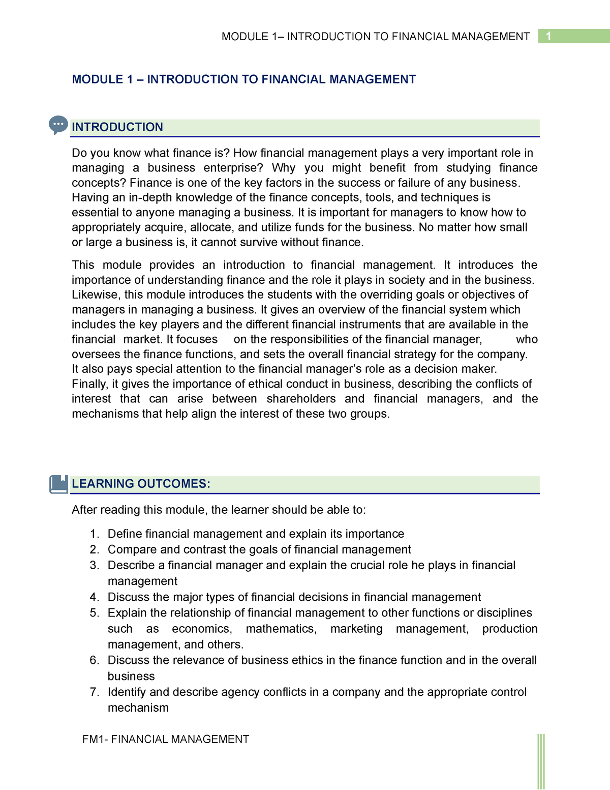 Module 1 - Introduction To Financial Management - MODULE 1 ...