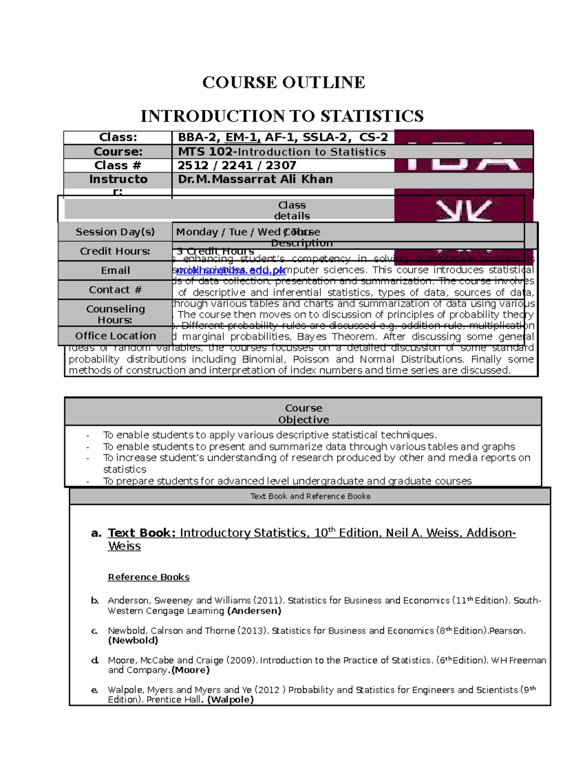 Assignment 1 PakH - COURSE OUTLINE INTRODUCTION TO STATISTICS Course ...
