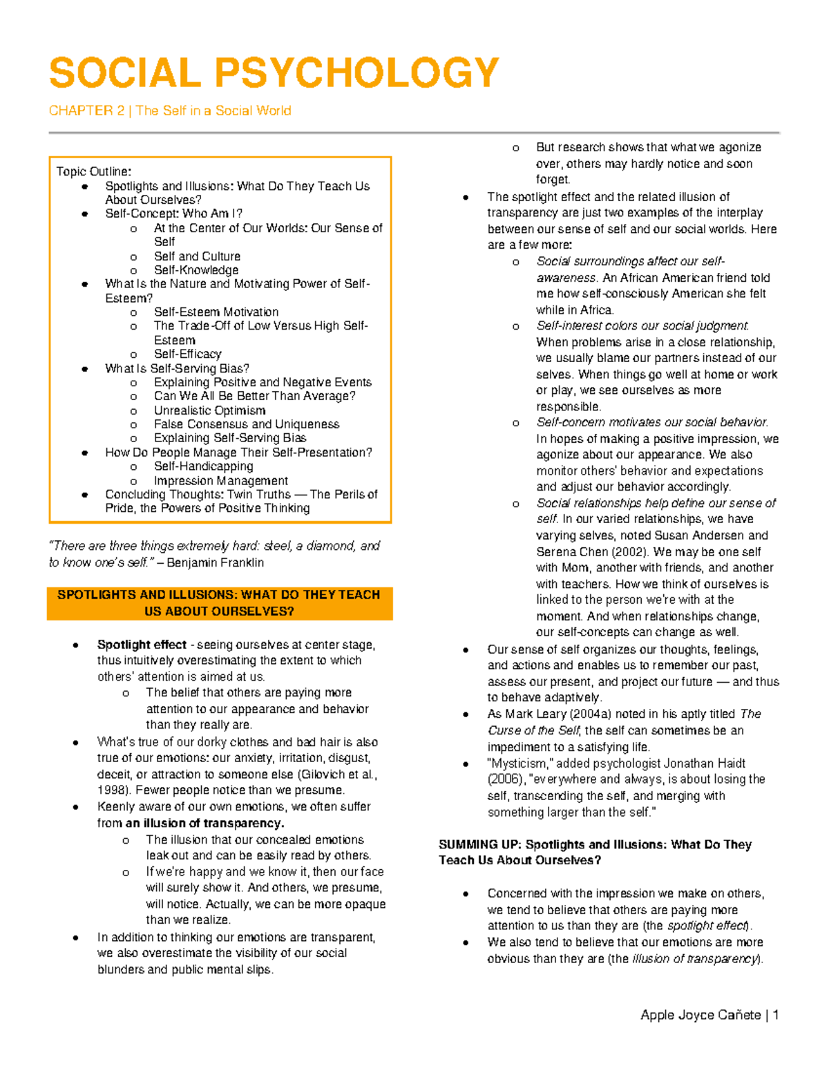 Chapter 2 - SOCIAL PSYCHOLOGY CHAPTER 2 | The Self in a Social World ...