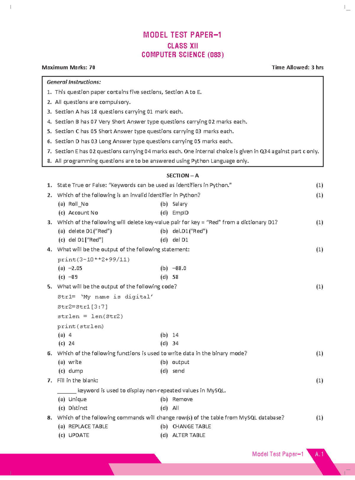 Computer ScienceXII Model TEST Paper1 Model Test Paper1 A. MODEL