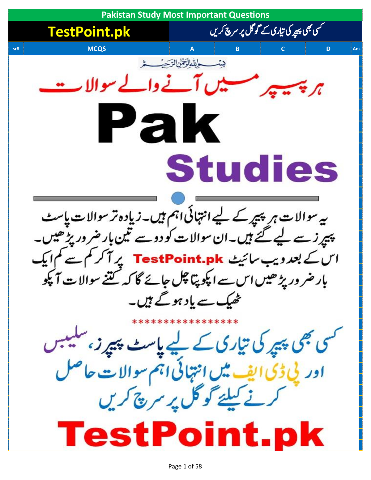 Pak Studies 1000 Most Repeated MCQs By Test Point.pk ٰ - Sr# MCQS A B C ...