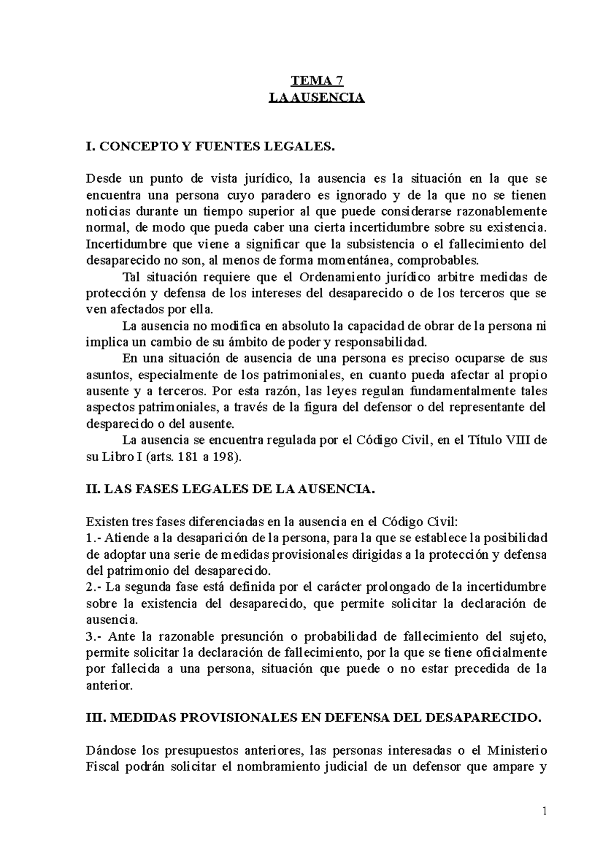 Tema 7 Derecho Civil 1 En La UCLM - TEMA 7 LA AUSENCIA I. CONCEPTO Y ...