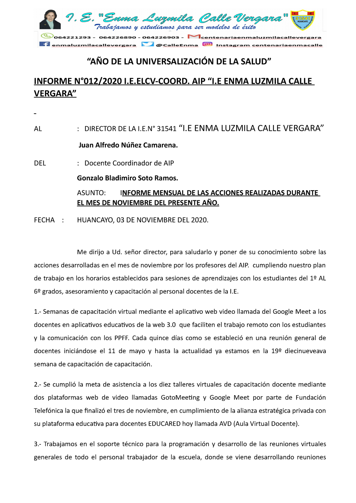 Informe DEL Noviembre AIP - “AÑO DE LA UNIVERSALIZACIÓN DE LA SALUD” INFORME  N°012/2020 . - Studocu