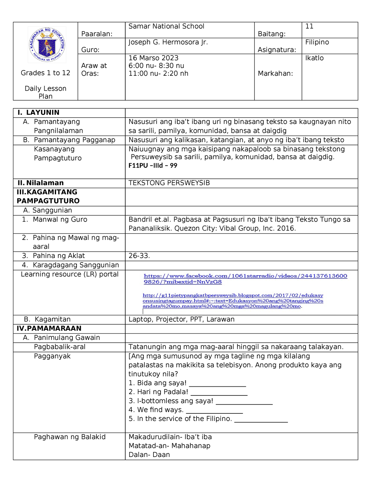 6 Pagbasa At Pagsusuri Ng Ibat Ibang Teksto Grades 1 To 12 Daily Lesson Plan Paaralan Samar 5192