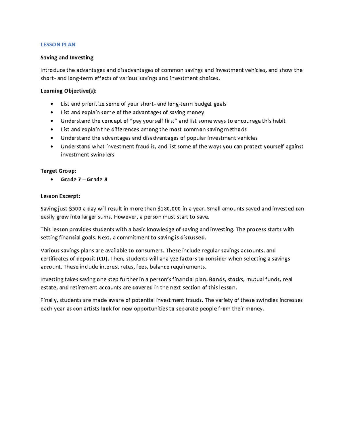 Lesson PLAN 7 - Saving and Investing - LESSON PLAN Saving and Investing ...