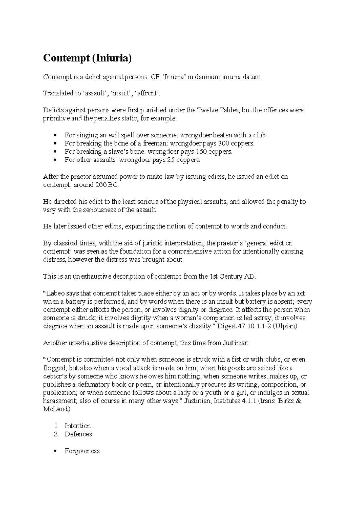 Lecture 11 - Contempt - Contempt (Iniuria) Contempt is a delict against ...