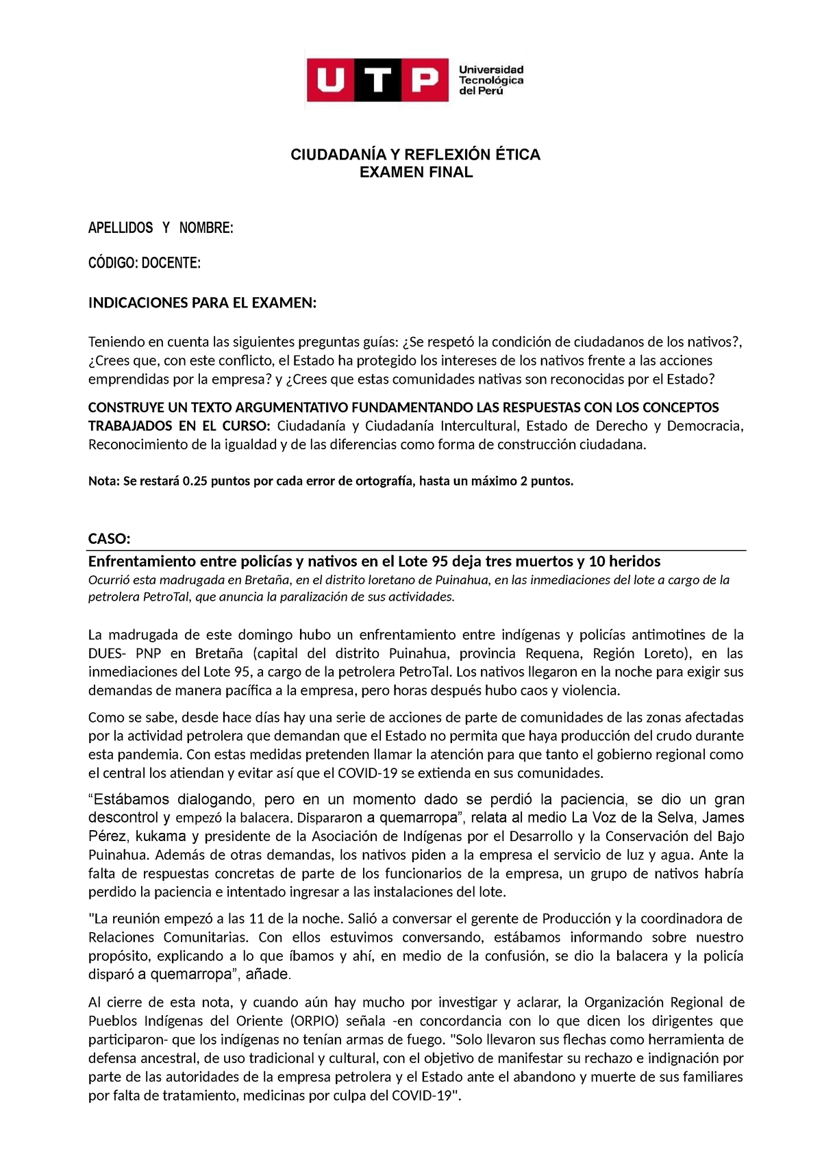 S18t1 Examen Final Etica CiudadanÍa Y ReflexiÓn Ética Examen Final Apellidos Y Nombre CÓdigo 3577