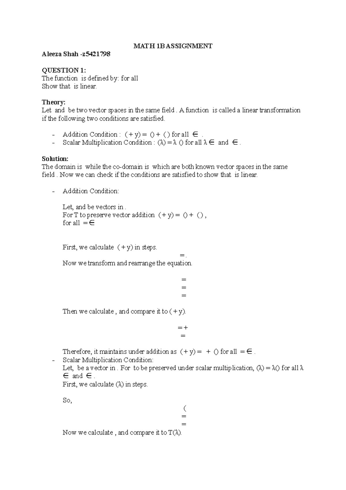 MATH 1B Assignment MATH 1B ASSIGNMENT Aleeza Shah z QUESTION 1 The