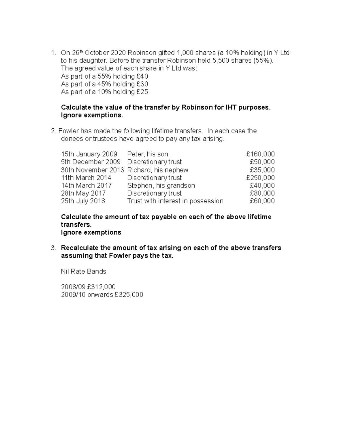 2.1. Inheritance Tax lifetime transfer - lecture questions - On 26th ...