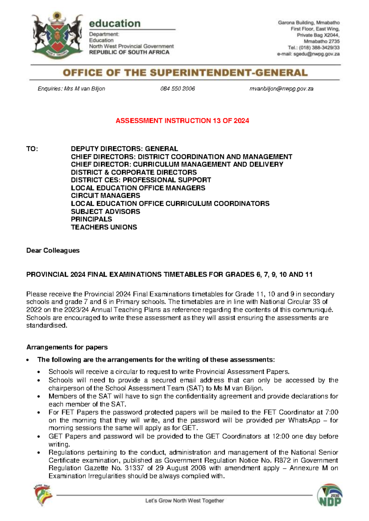GFET 12 2024 Assessment Instruction 13 November 2024 TIME Table FOR
