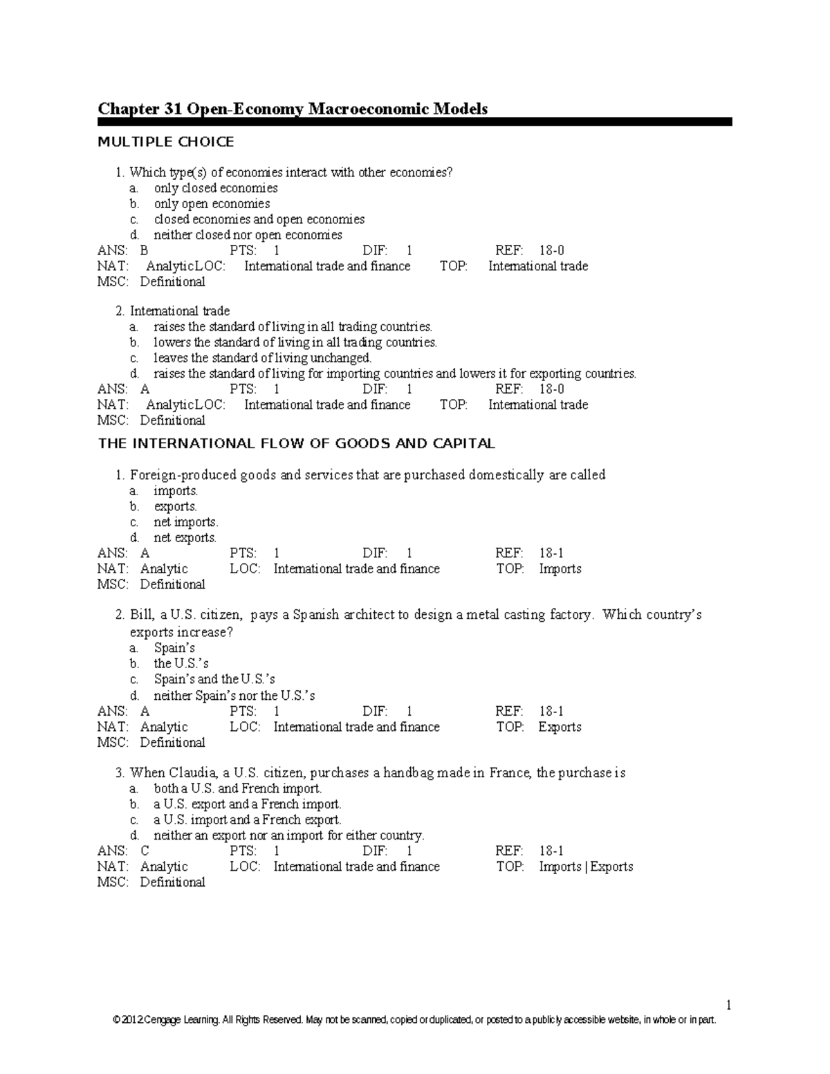 Chapter 31 Test Bank final - Chapter 31 Open-Economy Macroeconomic ...