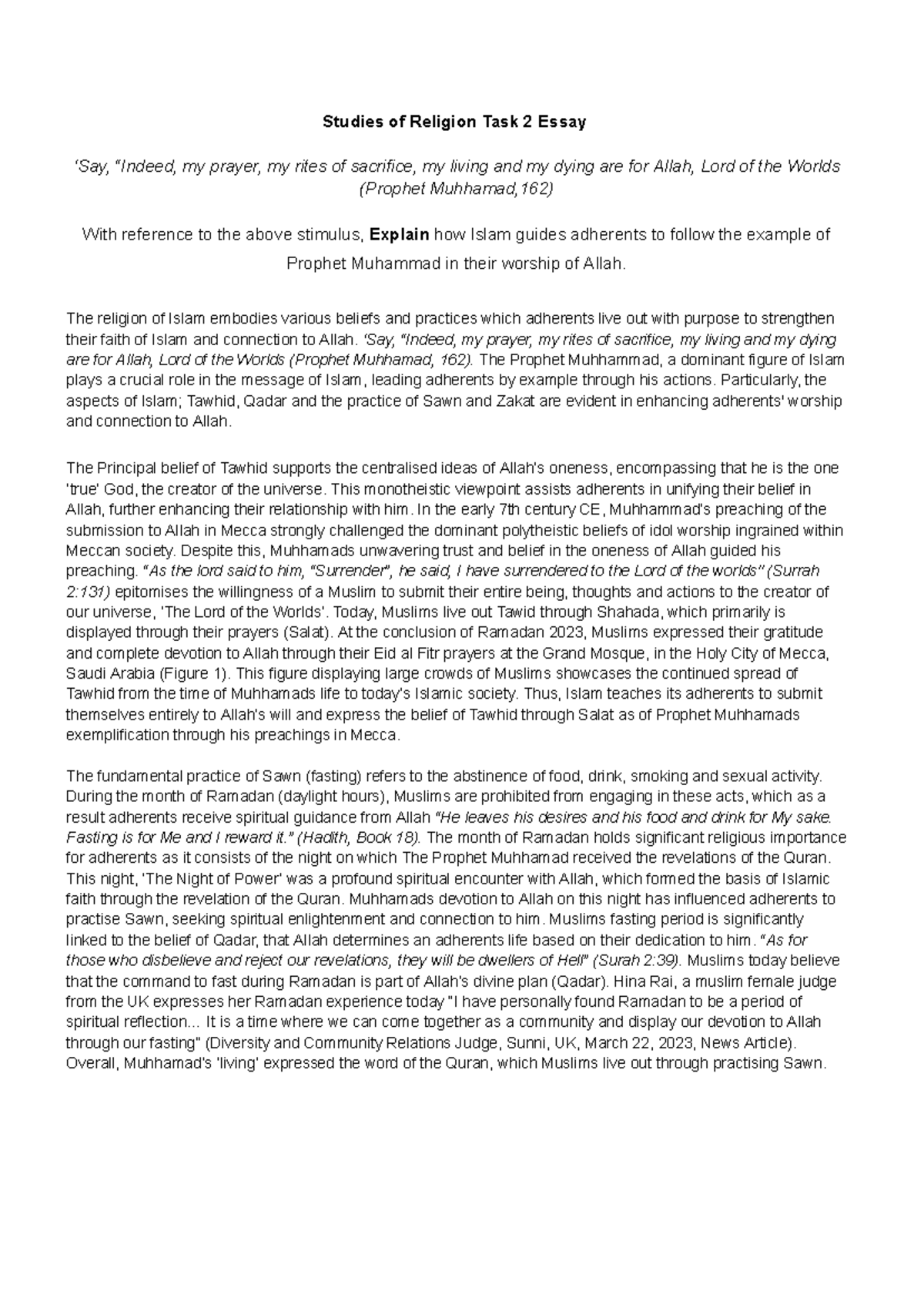 Islam Task 2 Final - Studies of Religion Task 2 Essay ‘Say, “Indeed, my ...