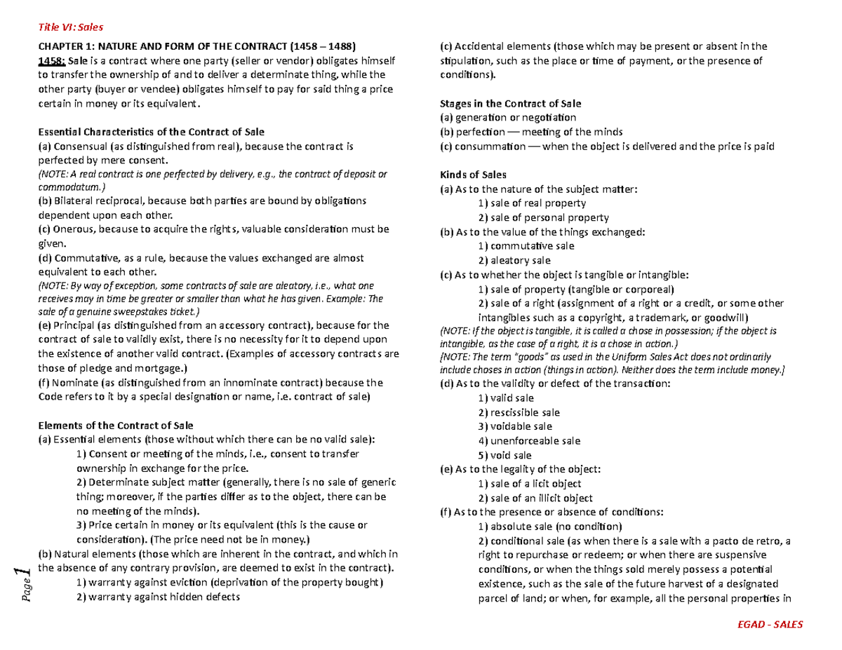 Sales Law Notes Articles - CHAPTER 1: NATURE AND FORM OF THE CONTRACT ...