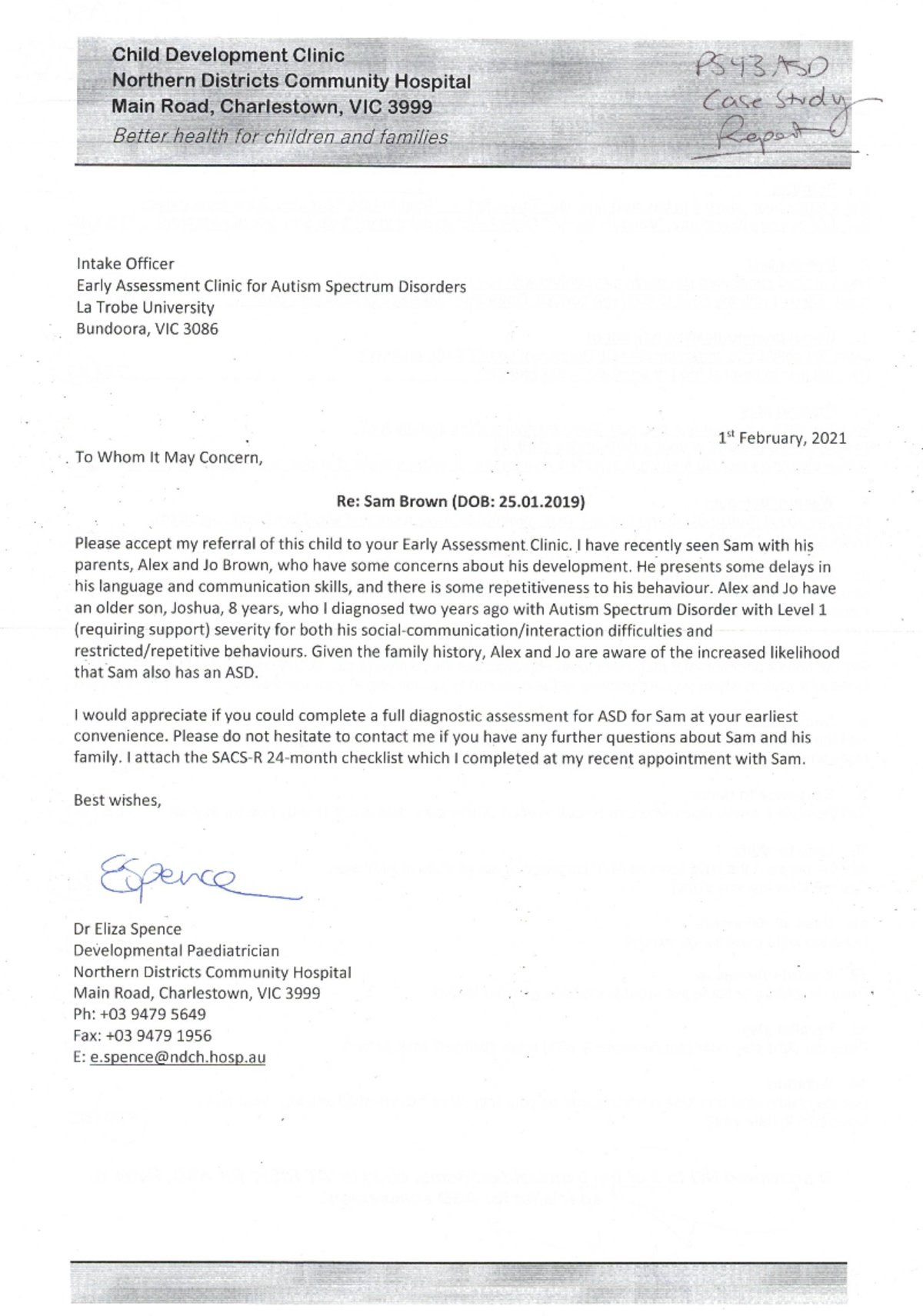 PSY3ASD 2021 Case Study Report - Referral Letter SACS 24m Checklist ...
