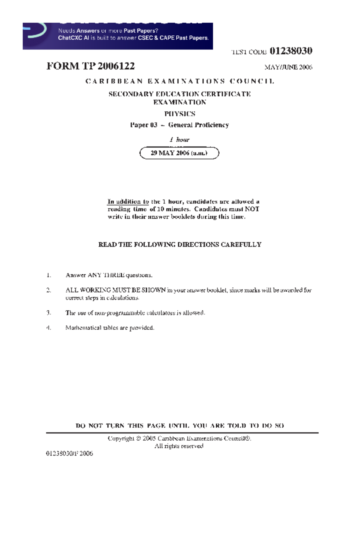CSEC Physics P3 2006 - TEST CODE 01238030 FORM: TP 2006122 MAY /JUNE ...