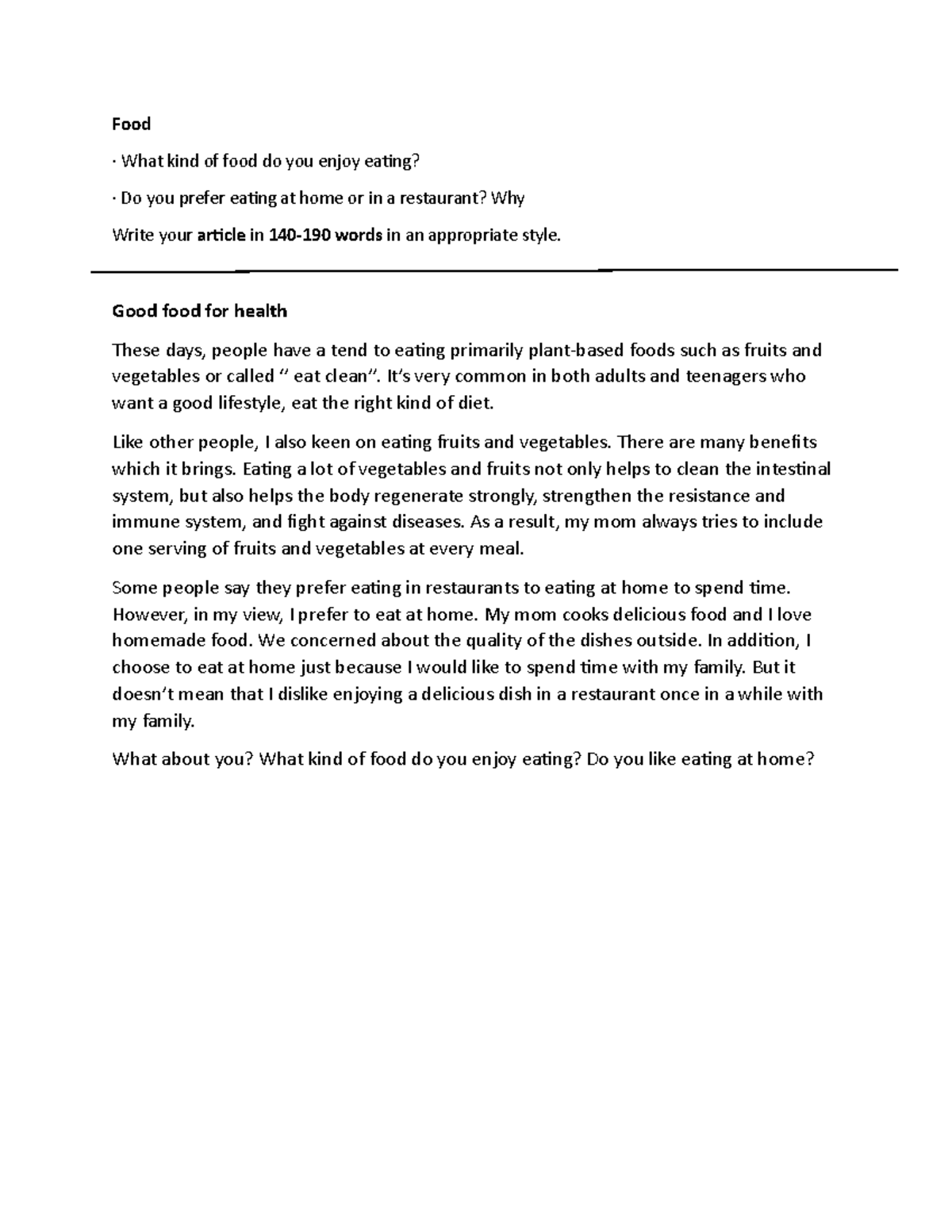 Writing an article about food - Food · What kind of food do you enjoy ...