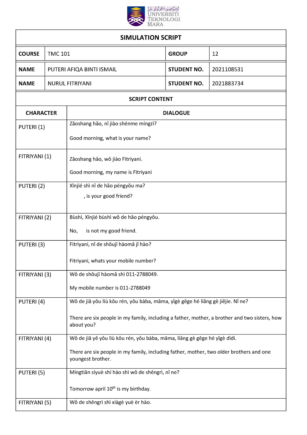 STIMULATION FULL SCRIPT TMC101(BA119) Group 12 - SIMULATION SCRIPT